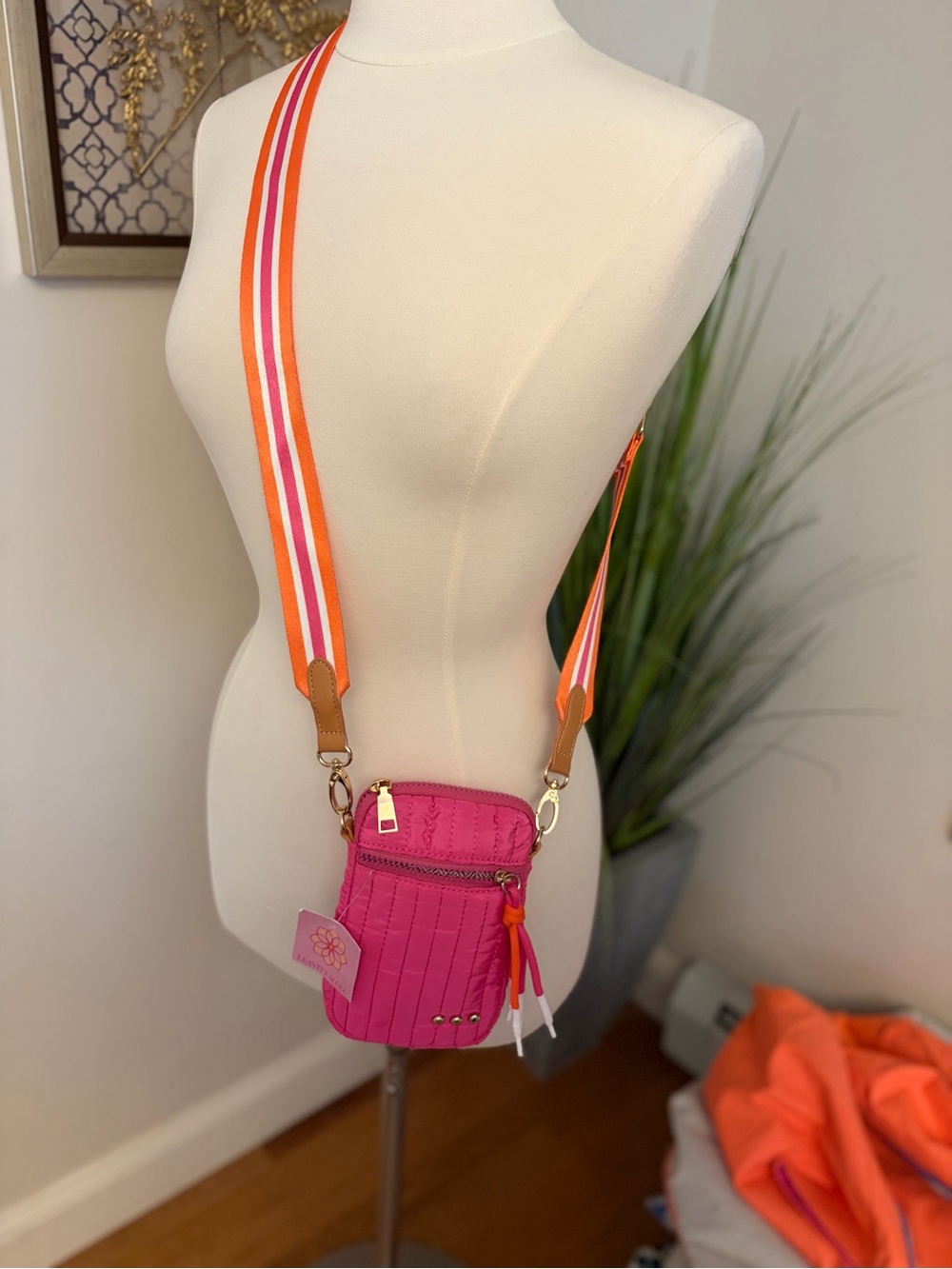 Bright Pink Crossbody Phone Bag with Striped Strap